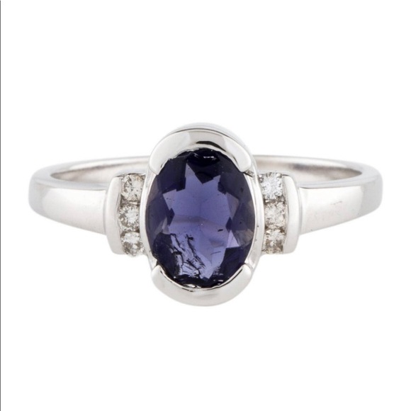 Brand New $858 Iolite and Diamond 14k White Gold Cocktail Ring Authentic Violet - Picture 2 of 12